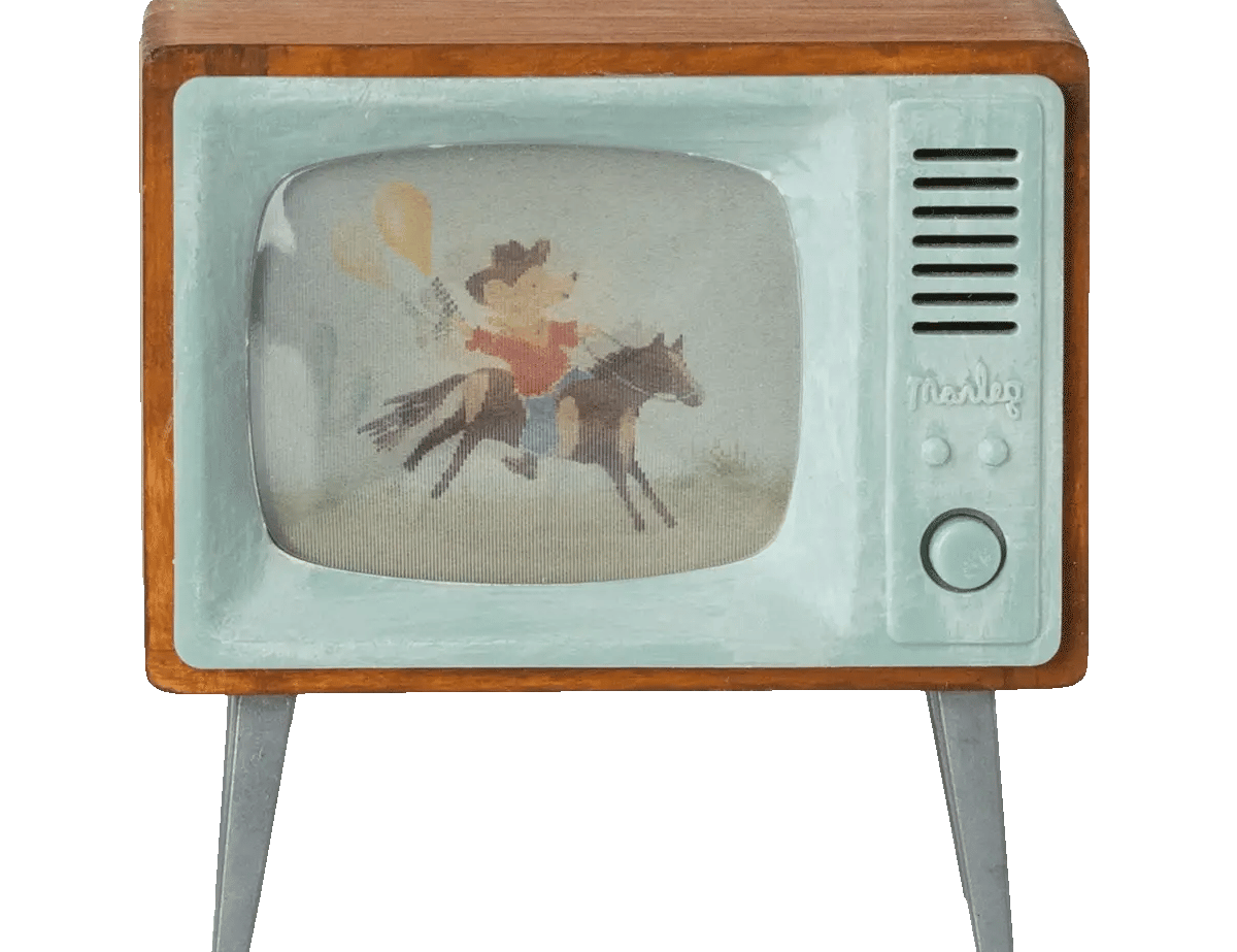 Maileg Television for Mouse, miniature retro TV with a cowboy mouse on screen, front view