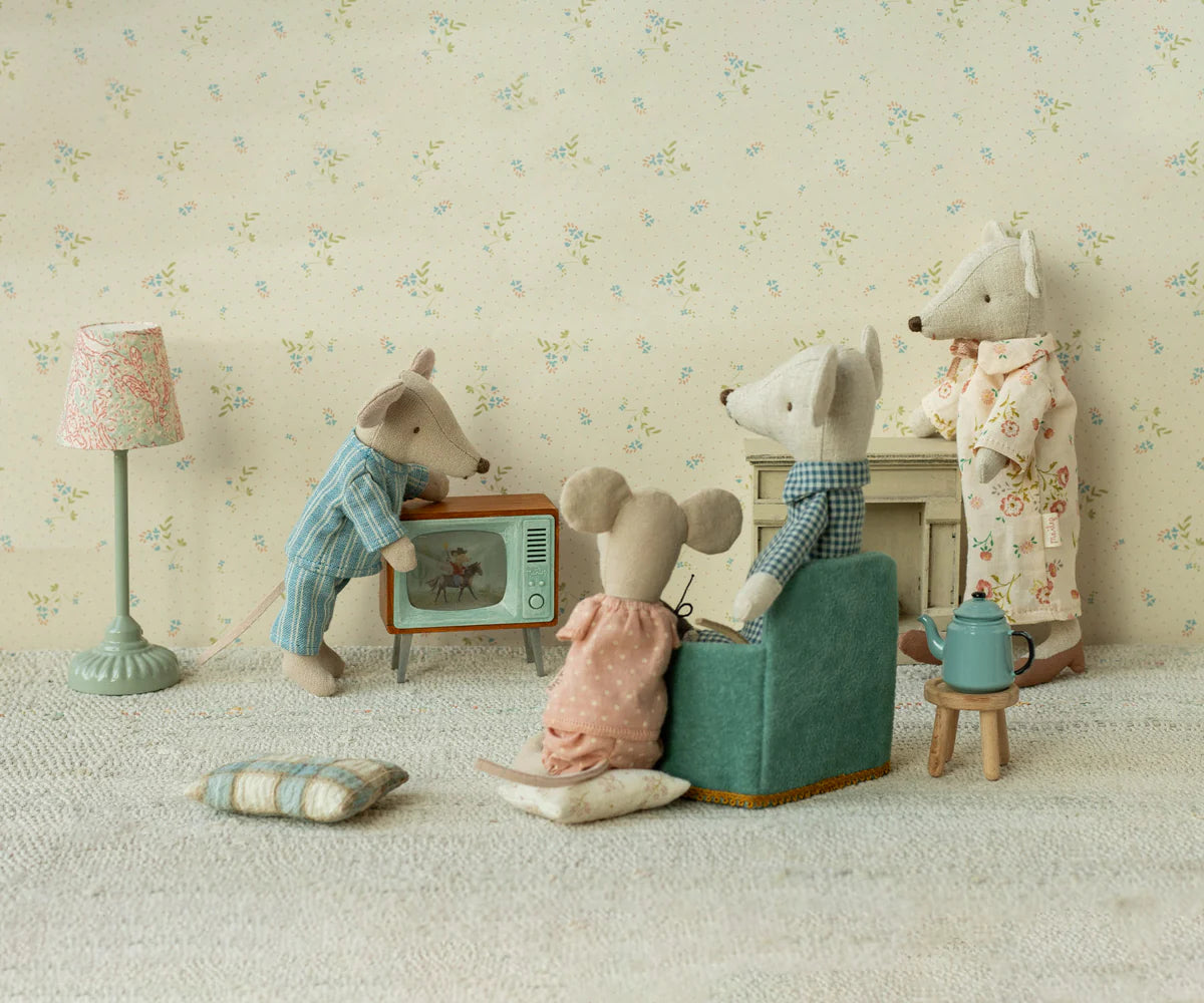 Maileg mice watching the Television in a miniature floral living room