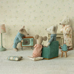 Maileg mice watching the Television in a miniature floral living room