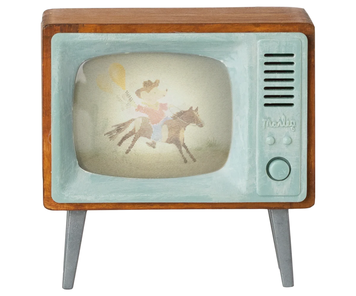Maileg Television for Mouse, close-up of the cowboy mouse image on the screen