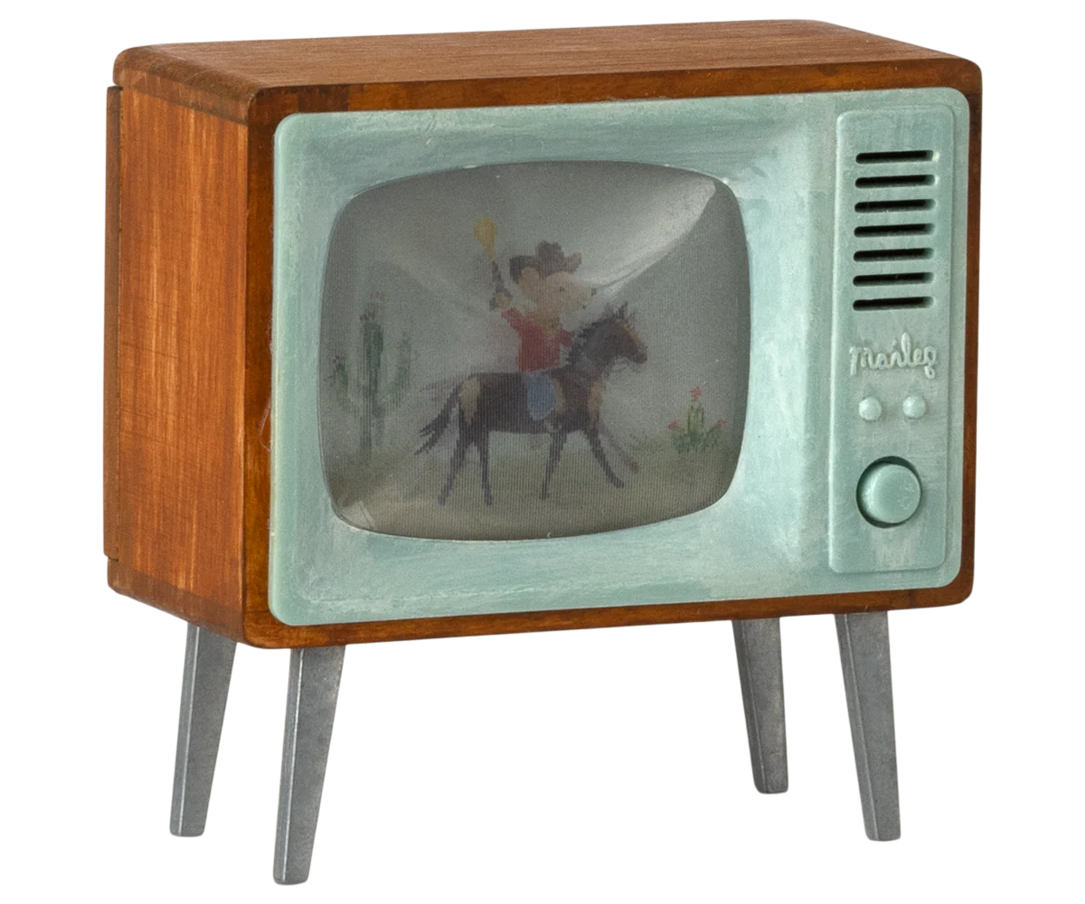 Maileg Television for Mouse, miniature retro TV, side angled view showing the wooden cabinet