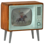 Maileg Television for Mouse, miniature retro TV, side angled view showing the wooden cabinet