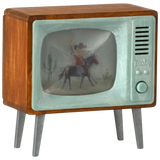 Maileg Television for Mouse, miniature retro TV, side angled view showing the wooden cabinet