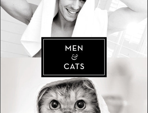 Men & Cats book cover with black and white photos of a man and a cat in towels