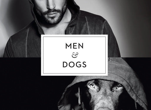 Men & Dogs book cover with black and white photos of a man and a dog in hoodies