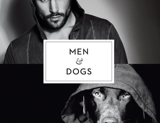 Men & Dogs book cover with black and white photos of a man and a dog in hoodies
