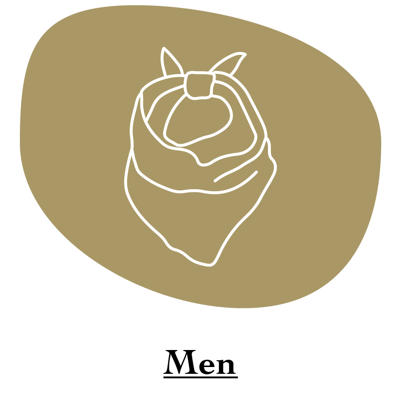 "Men" category name with white Handkerchief illustration on gold circle