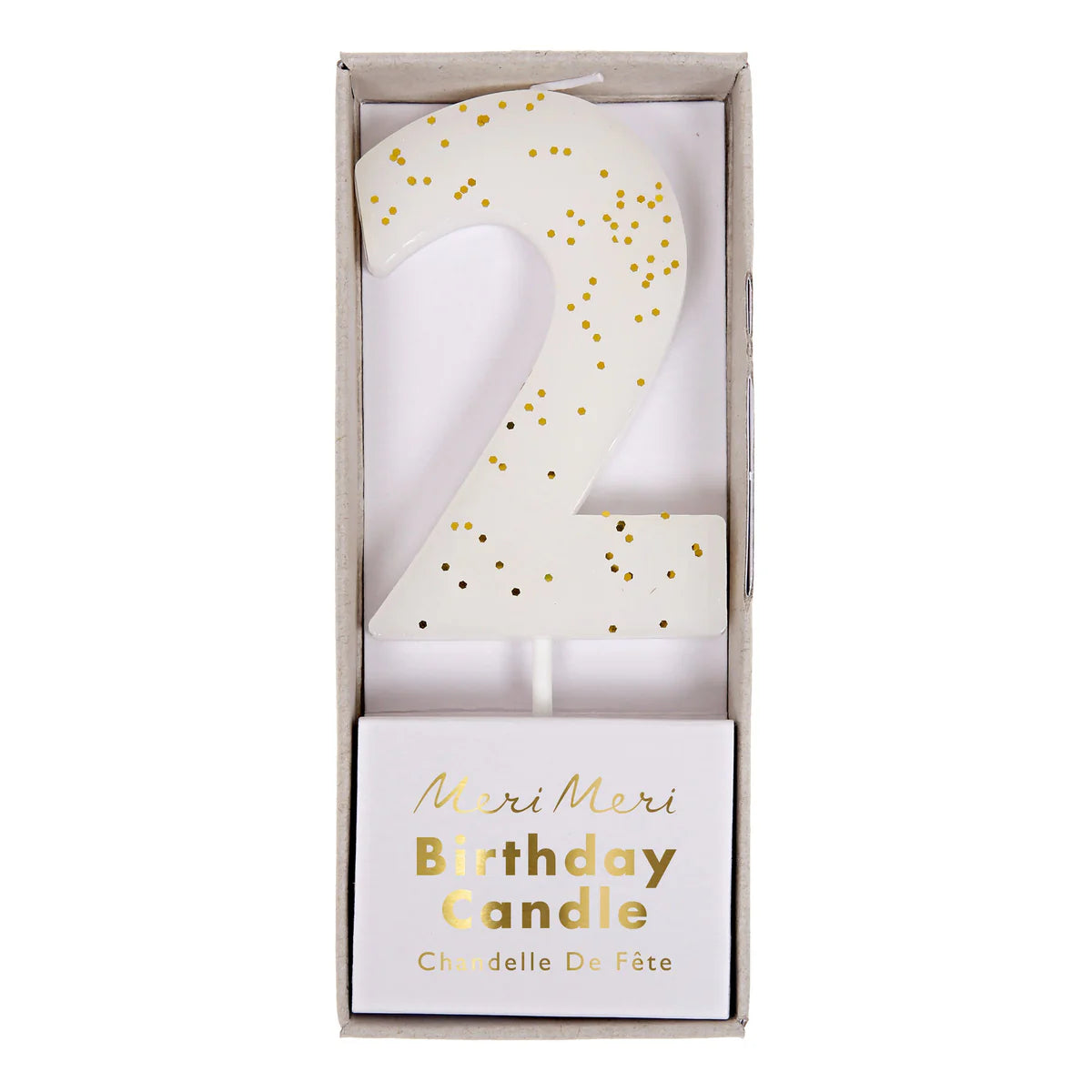 Meri Meri Colored Number Candle 2 in white shown in its Birthday Candle box