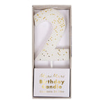 Meri Meri Colored Number Candle 2 in white shown in its Birthday Candle box