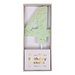 Meri Meri Colored Number Candle 4 in mint green shown in its Birthday Candle box