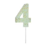 Meri Meri Colored Number Candle 4, a mint green birthday candle with gold glitter flecks