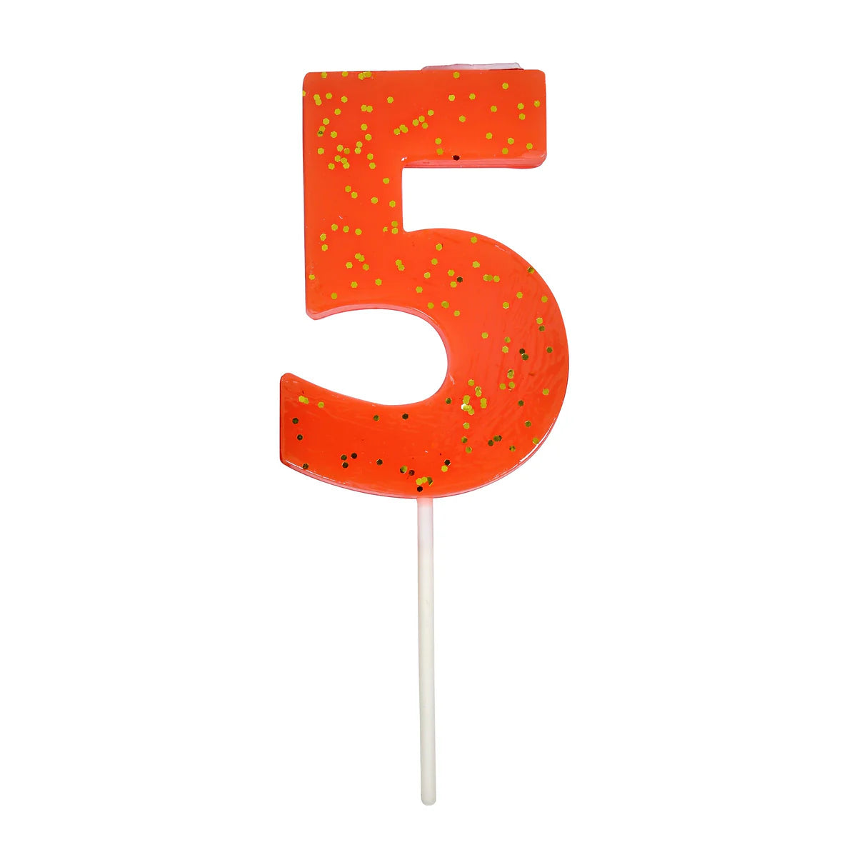 Meri Meri Colored Number Candle 5, a red-orange birthday candle with gold glitter flecks