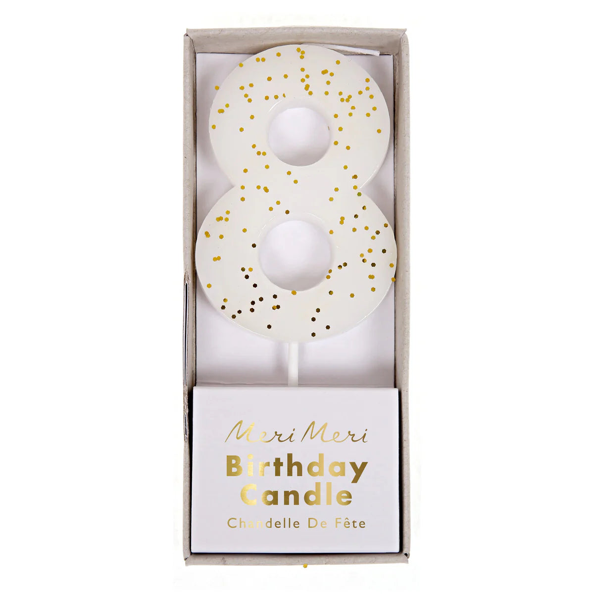 Meri Meri Colored Number Candle 8 in white shown in its Birthday Candle box