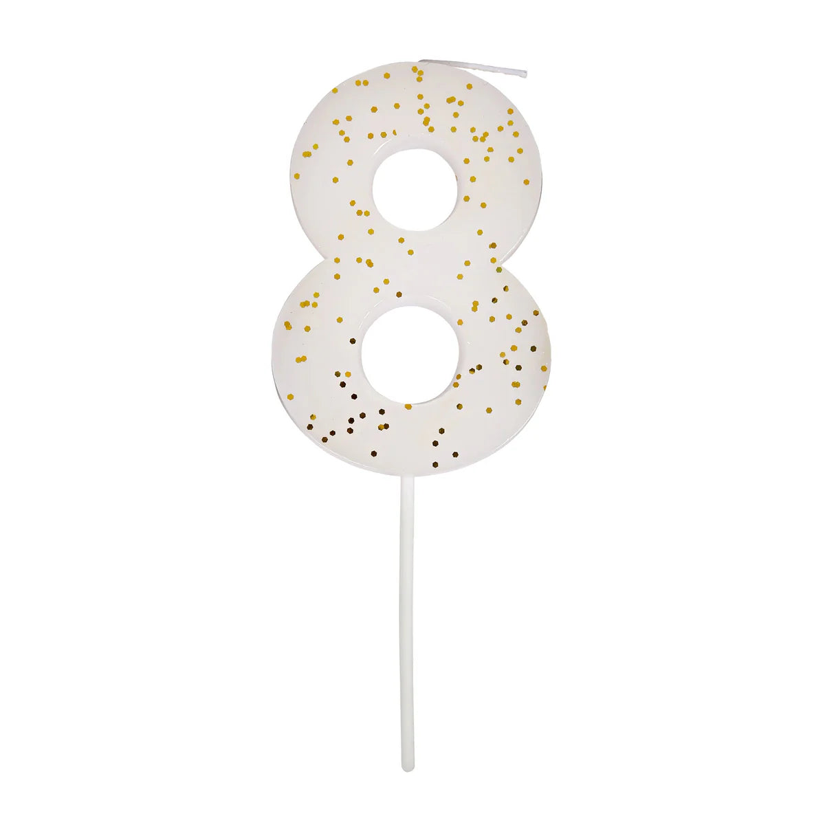 Meri Meri Colored Number Candle 8, a white birthday candle with gold glitter flecks