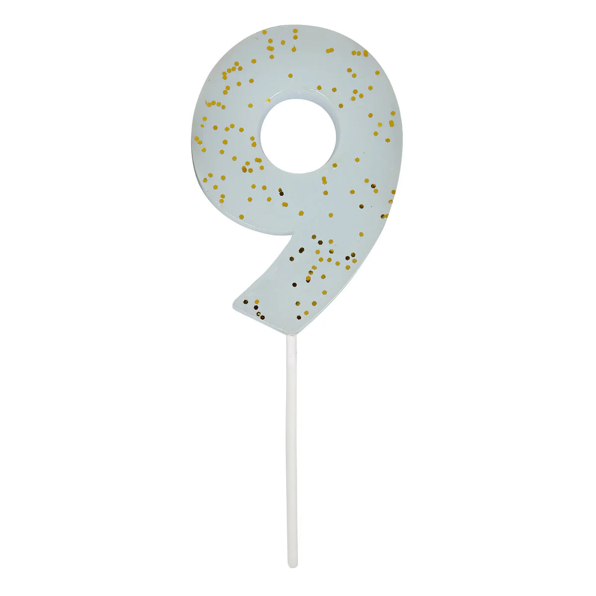 Meri Meri Colored Number Candle 9, a pale blue birthday candle with gold glitter flecks