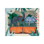 Meri Meri Dinosaur Kingdom Cupcake Kit in its box with dinosaur toppers and orange cupcake wrappers
