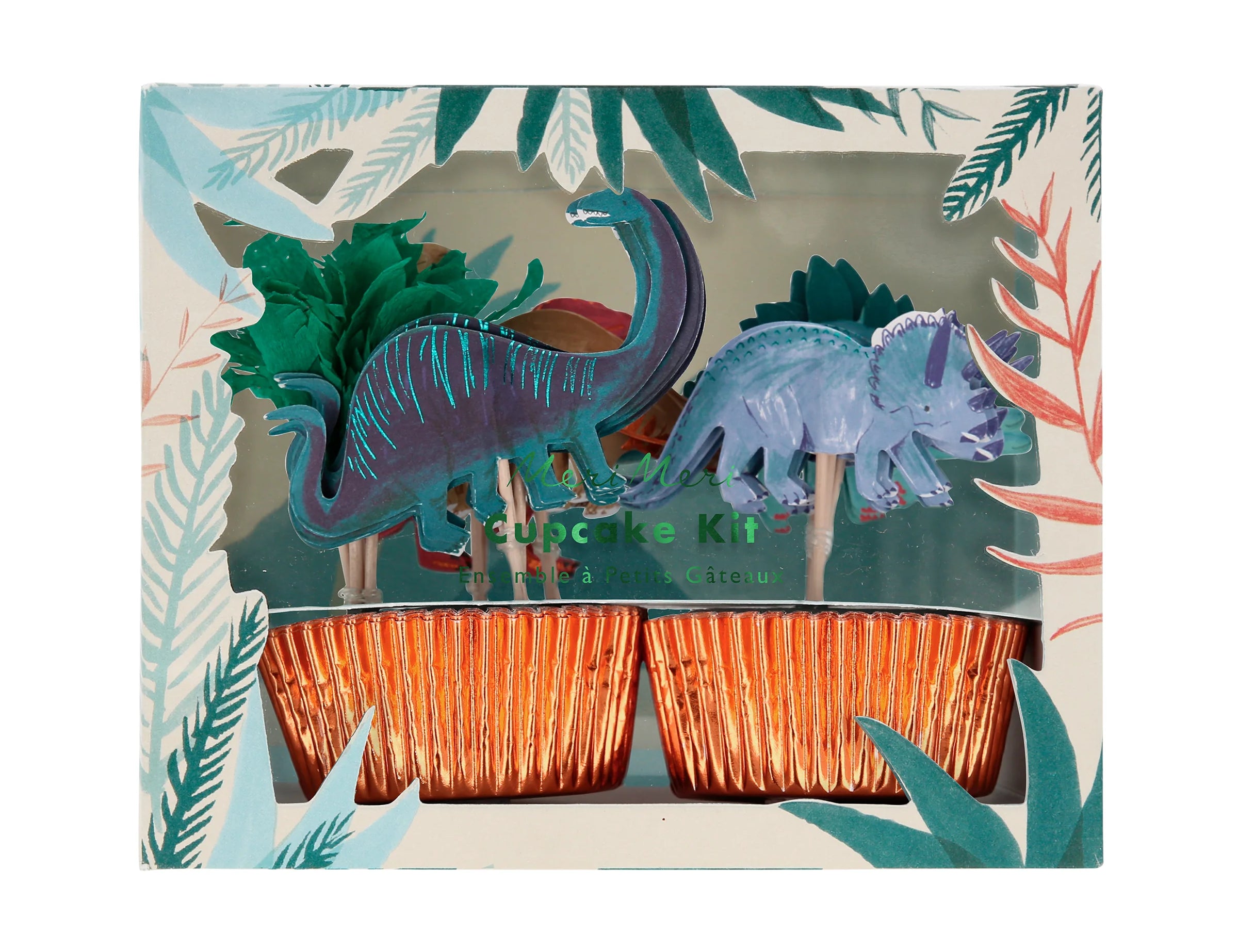Meri Meri Dinosaur Kingdom Cupcake Kit in its box with dinosaur toppers and orange cupcake wrappers