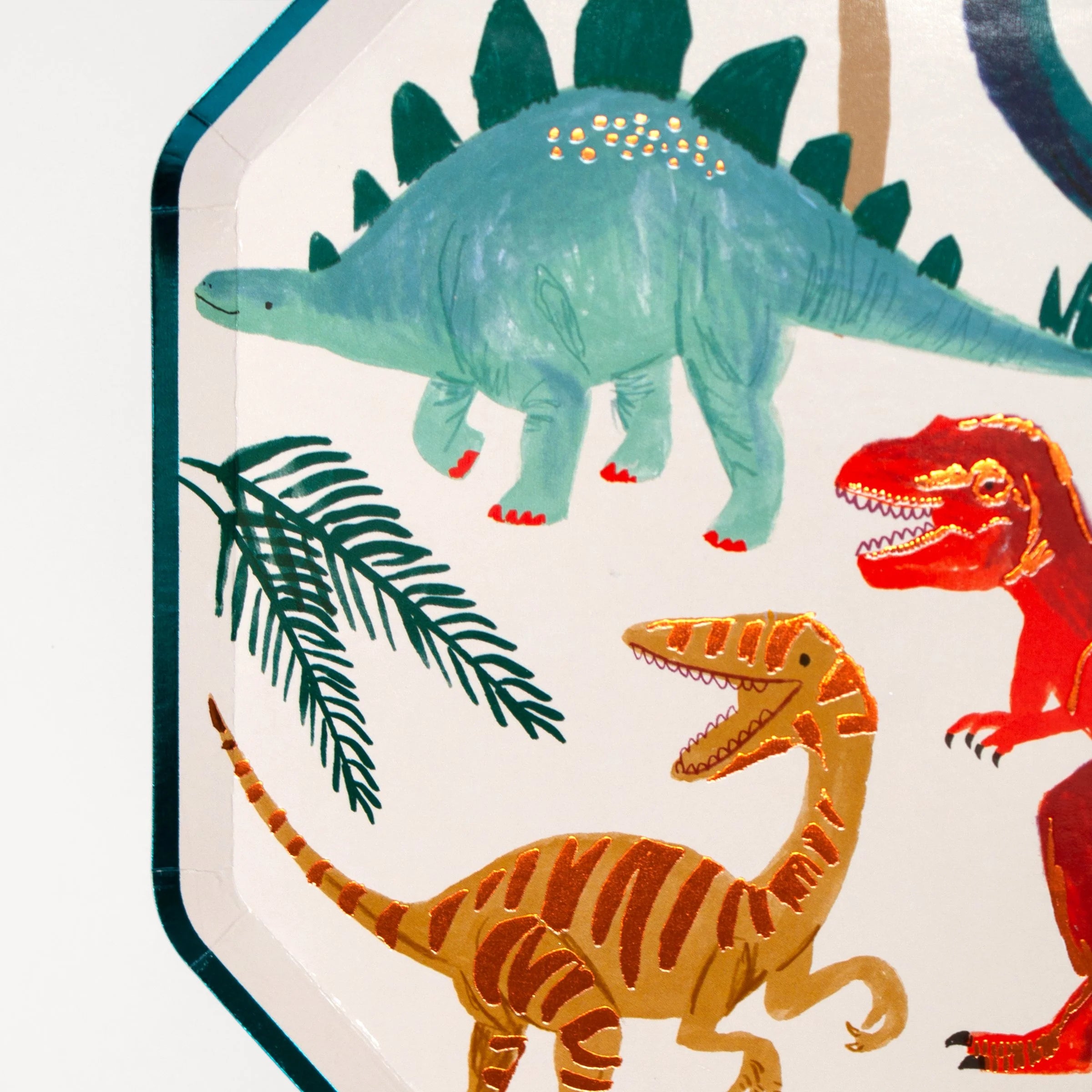 Close-up of the stegosaurus, T-rex and velociraptor illustrations on the Meri Meri Dinosaur Kingdom Dinner Plate