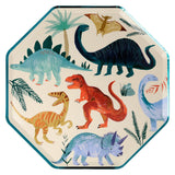 Meri Meri Dinosaur Kingdom Dinner Plate, an octagonal paper plate with colorful painted dinosaurs and a teal edge