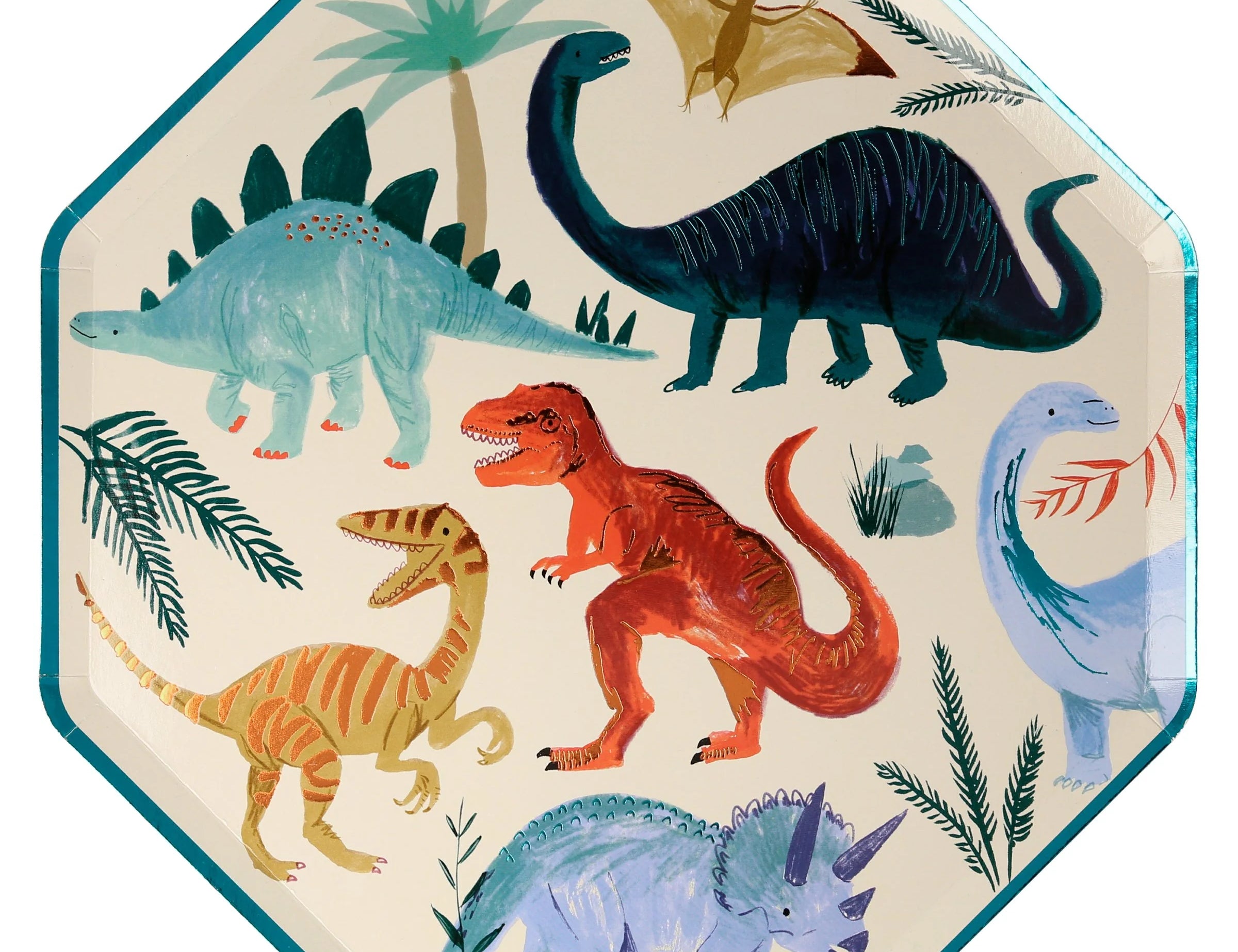 Meri Meri Dinosaur Kingdom Dinner Plate, an octagonal paper plate with colorful painted dinosaurs and a teal edge