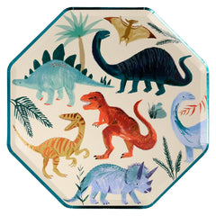 Meri Meri Dinosaur Kingdom Dinner Plate, an octagonal paper plate with colorful painted dinosaurs and a teal edge