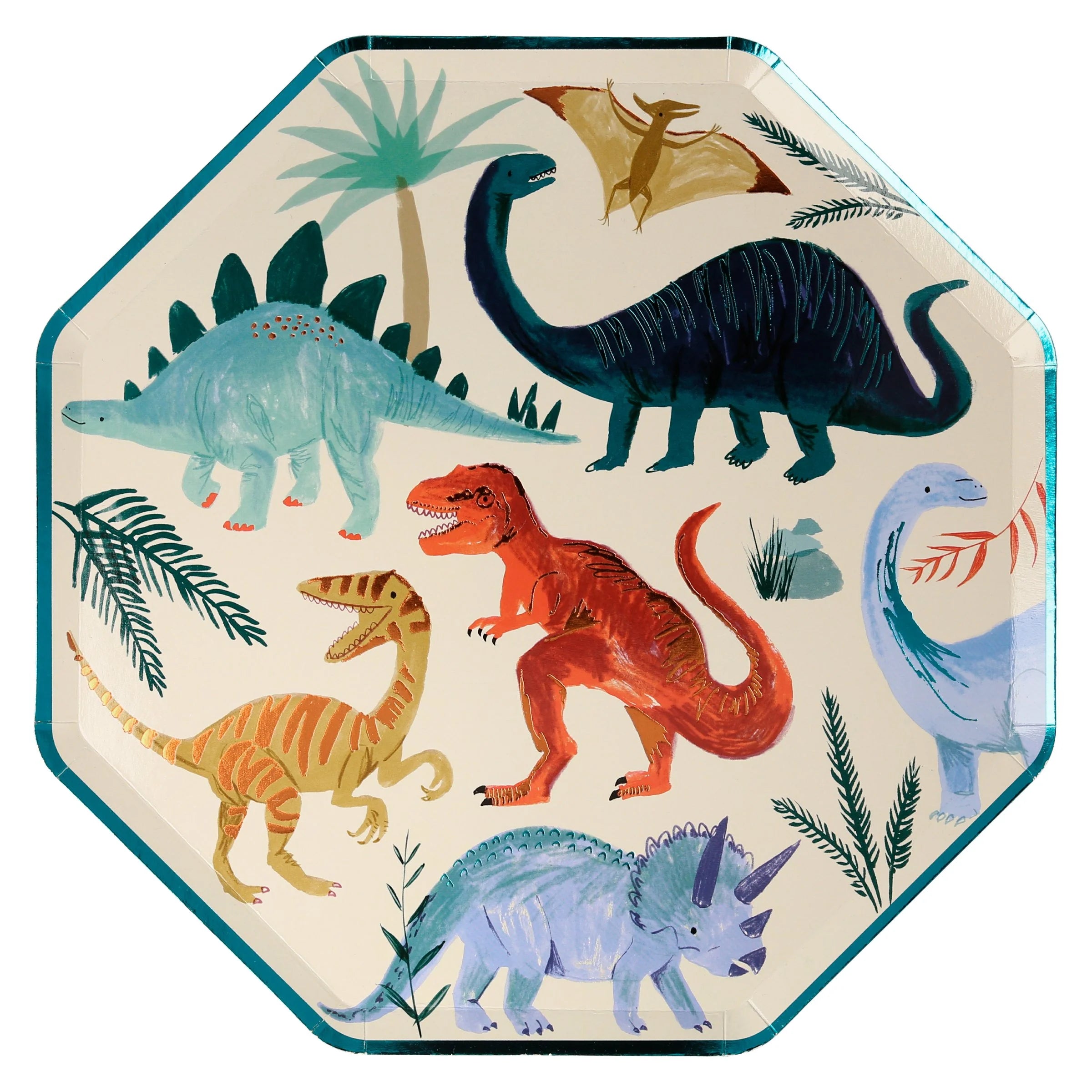 Meri Meri Dinosaur Kingdom Dinner Plate, an octagonal paper plate with colorful painted dinosaurs and a teal edge