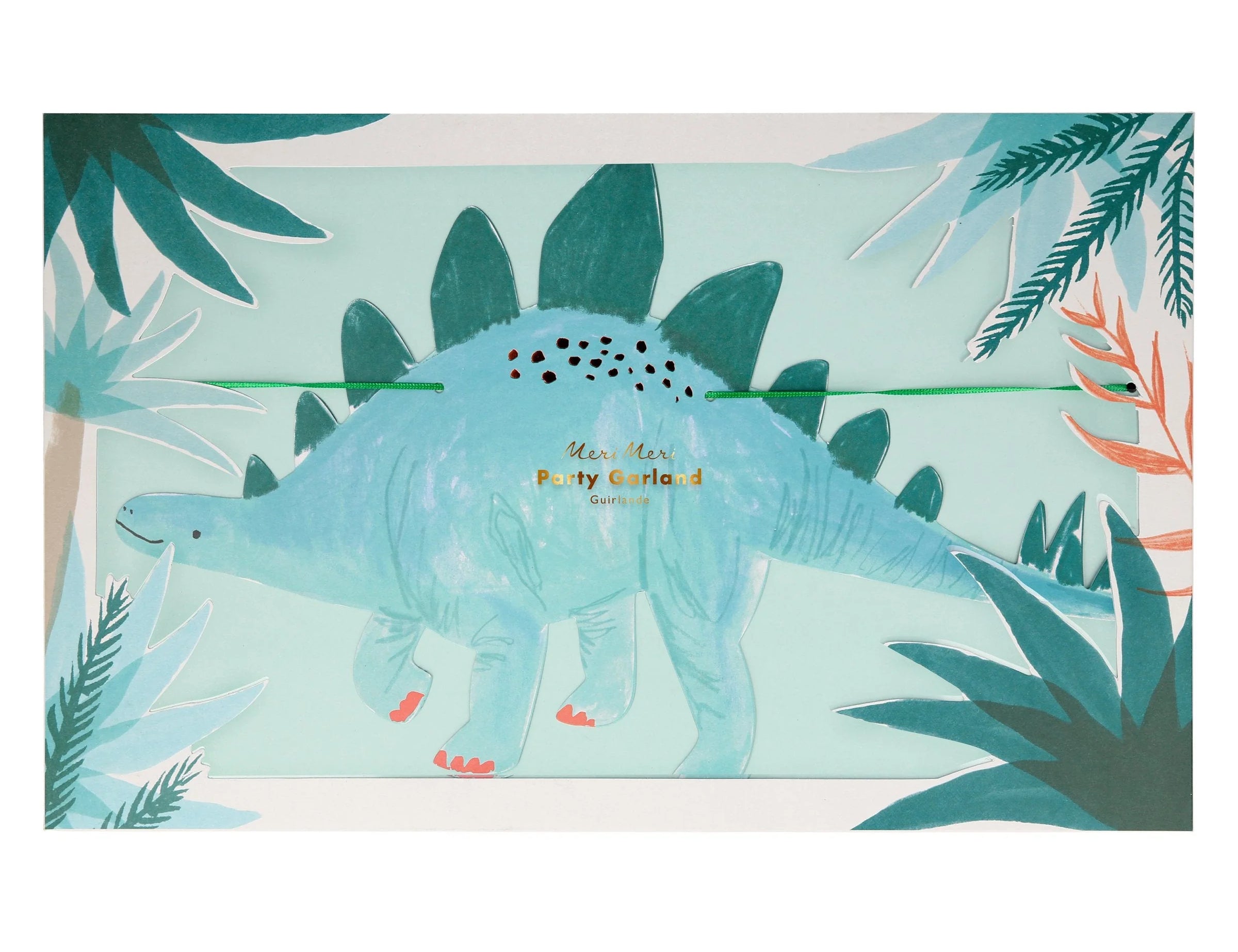 Meri Meri Dinosaur Kingdom Large Garland in its box with a stegosaurus and jungle leaves on the front