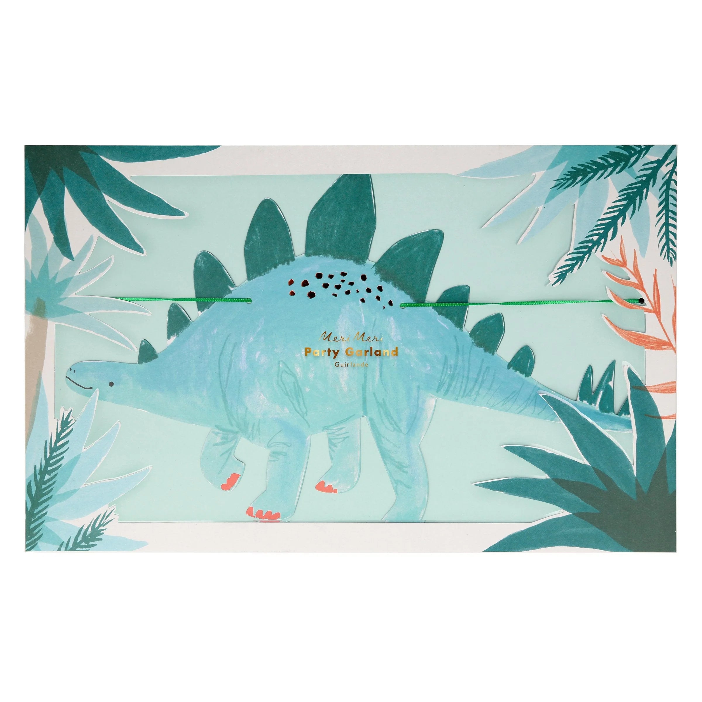 Meri Meri Dinosaur Kingdom Large Garland in its box with a stegosaurus and jungle leaves on the front