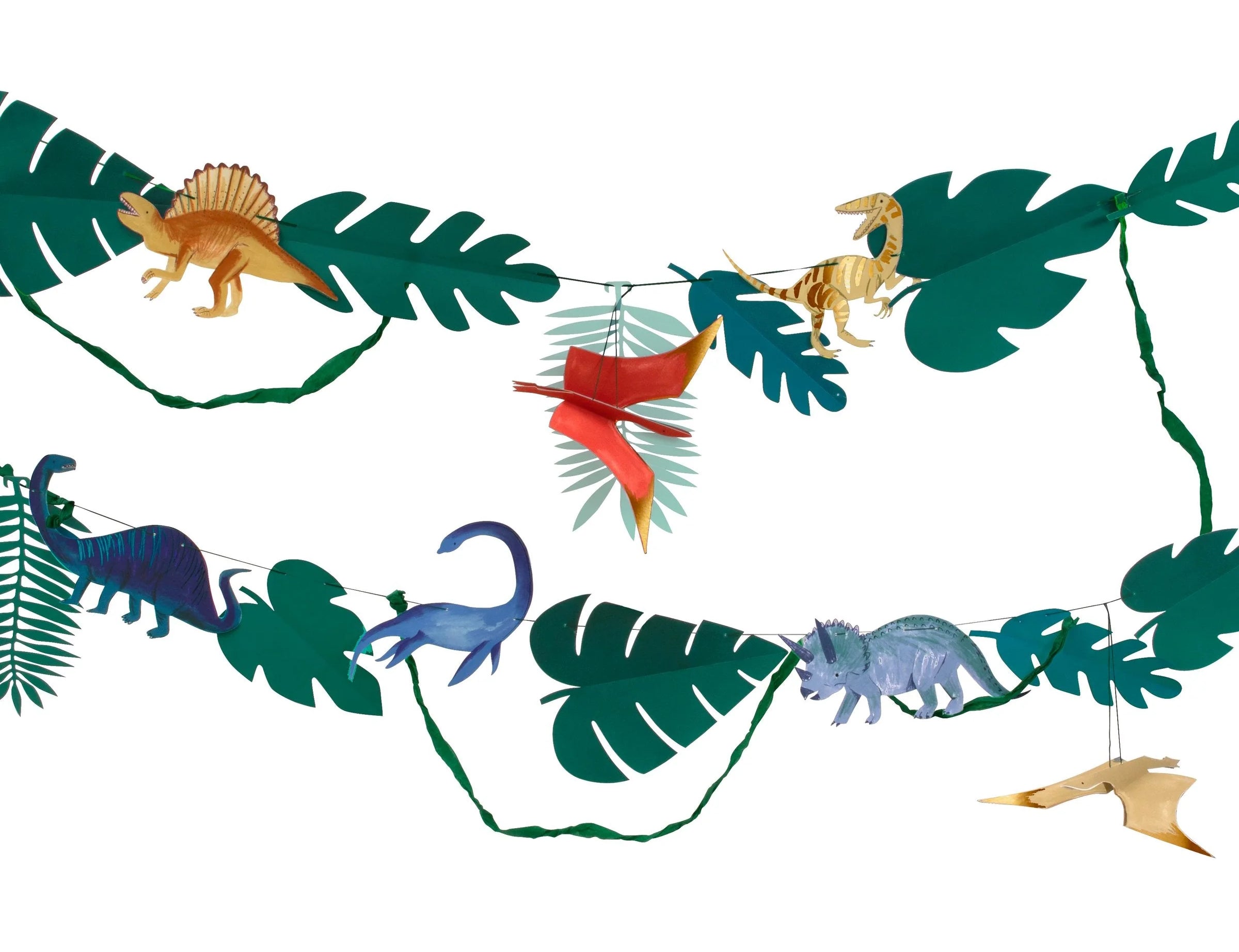Meri Meri Dinosaur Kingdom Large Garland with green leaves and colorful hanging dinosaurs