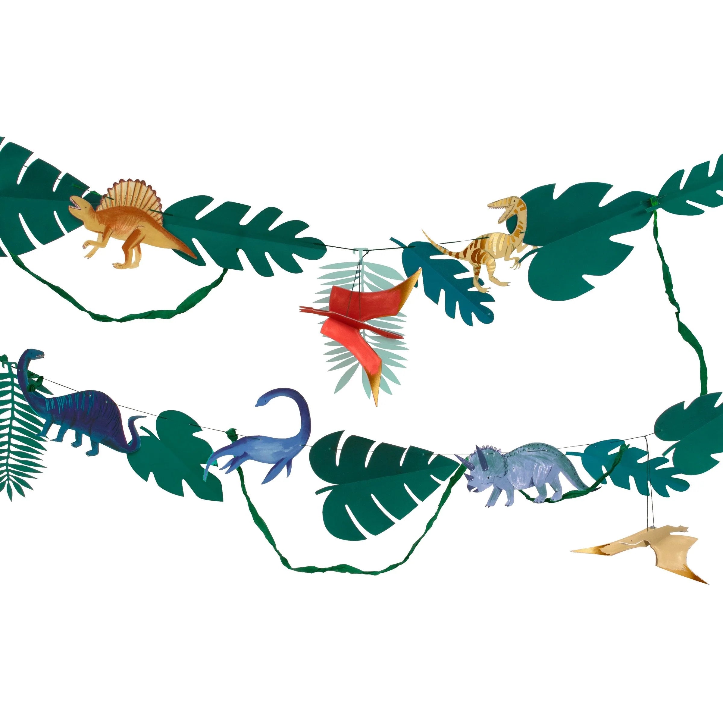 Meri Meri Dinosaur Kingdom Large Garland with green leaves and colorful hanging dinosaurs