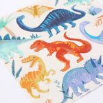 Close-up of the painted T-rex and brachiosaurus print on the Meri Meri Dinosaur Kingdom Large Napkins