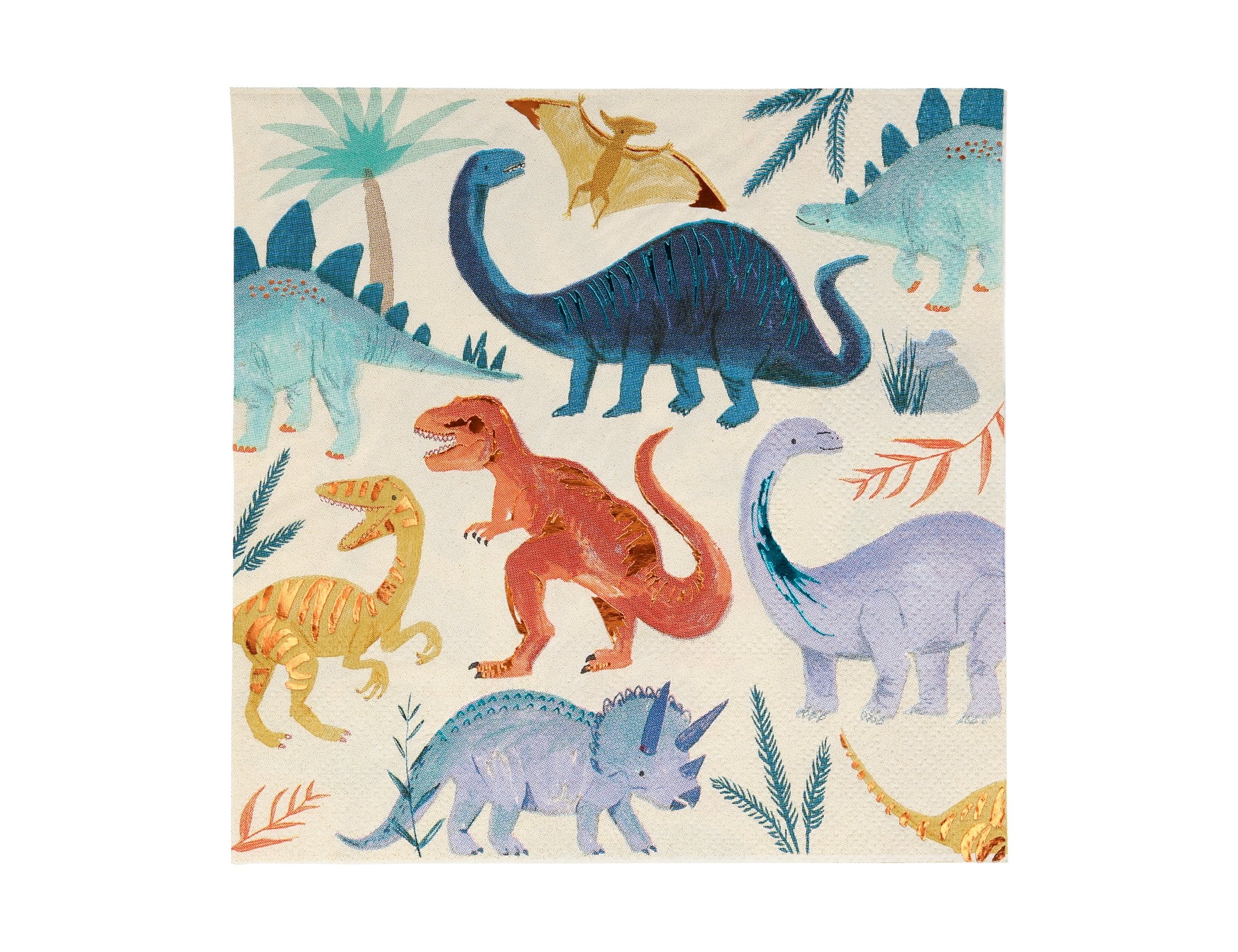 Meri Meri Dinosaur Kingdom Large Napkin, a cream paper napkin printed with colorful dinosaurs