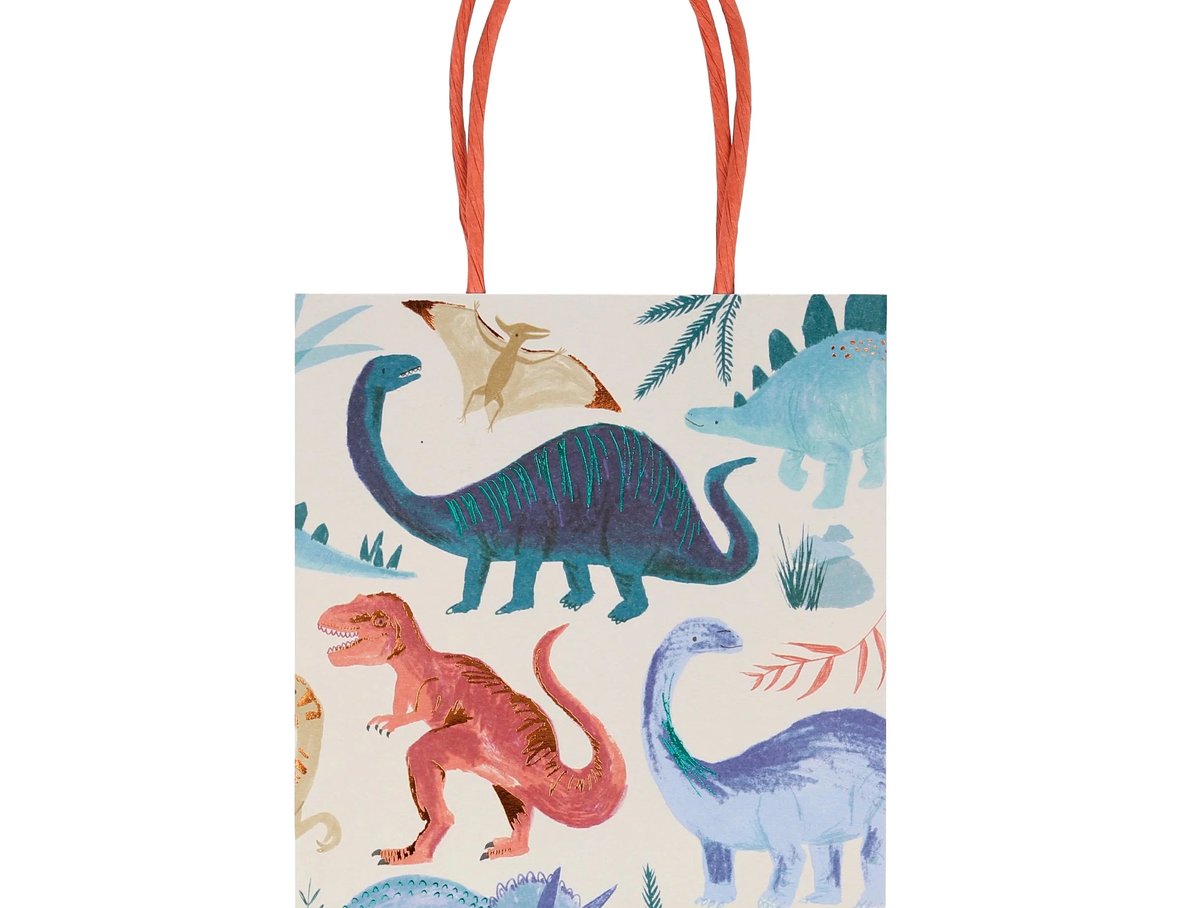 Meri Meri Dinosaur Kingdom Party Bag, front view of the dinosaur print and red handles