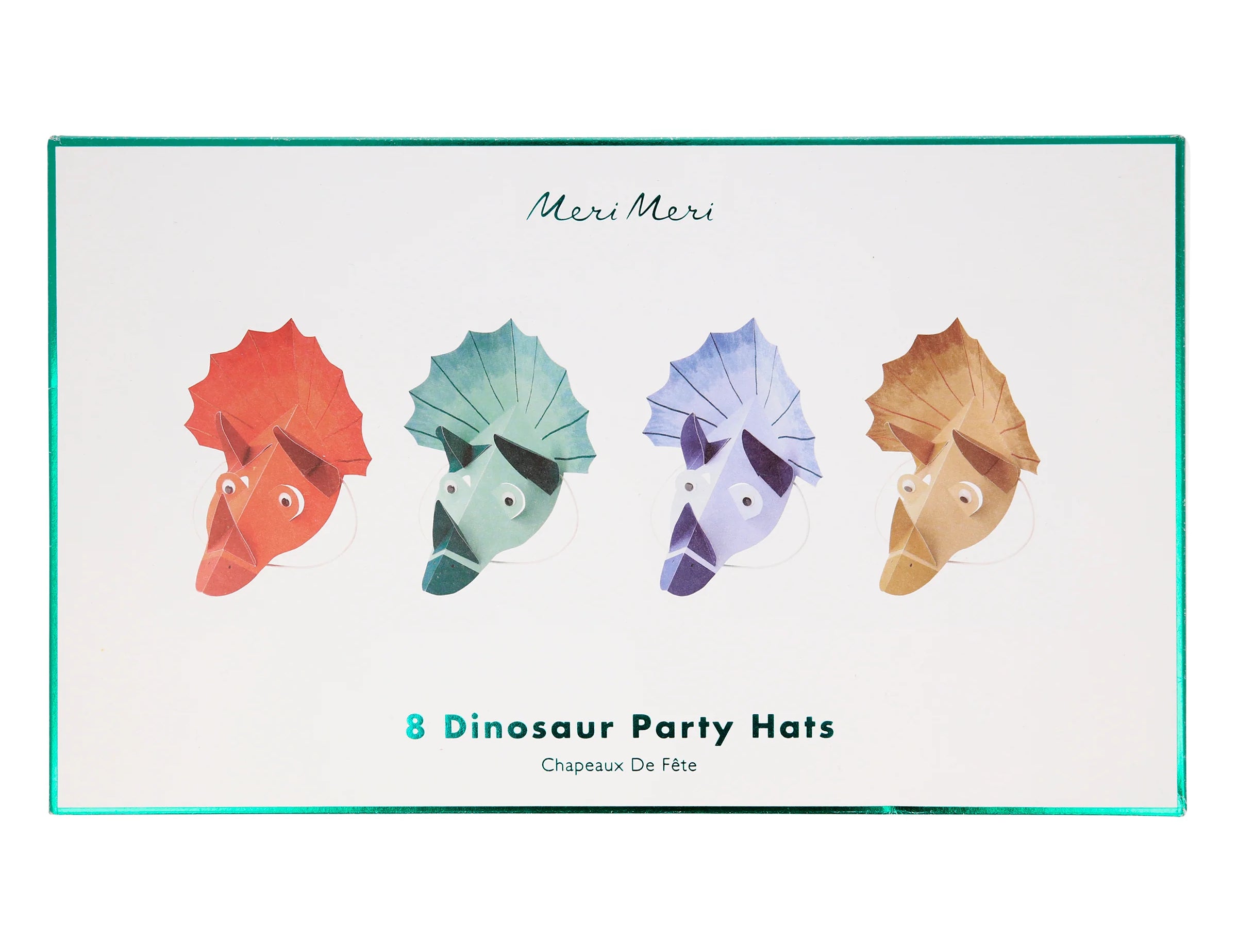 Meri Meri Dinosaur Kingdom Party Hats box containing 8 triceratops hats in red, green, blue and gold