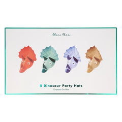 Meri Meri Dinosaur Kingdom Party Hats box containing 8 triceratops hats in red, green, blue and gold