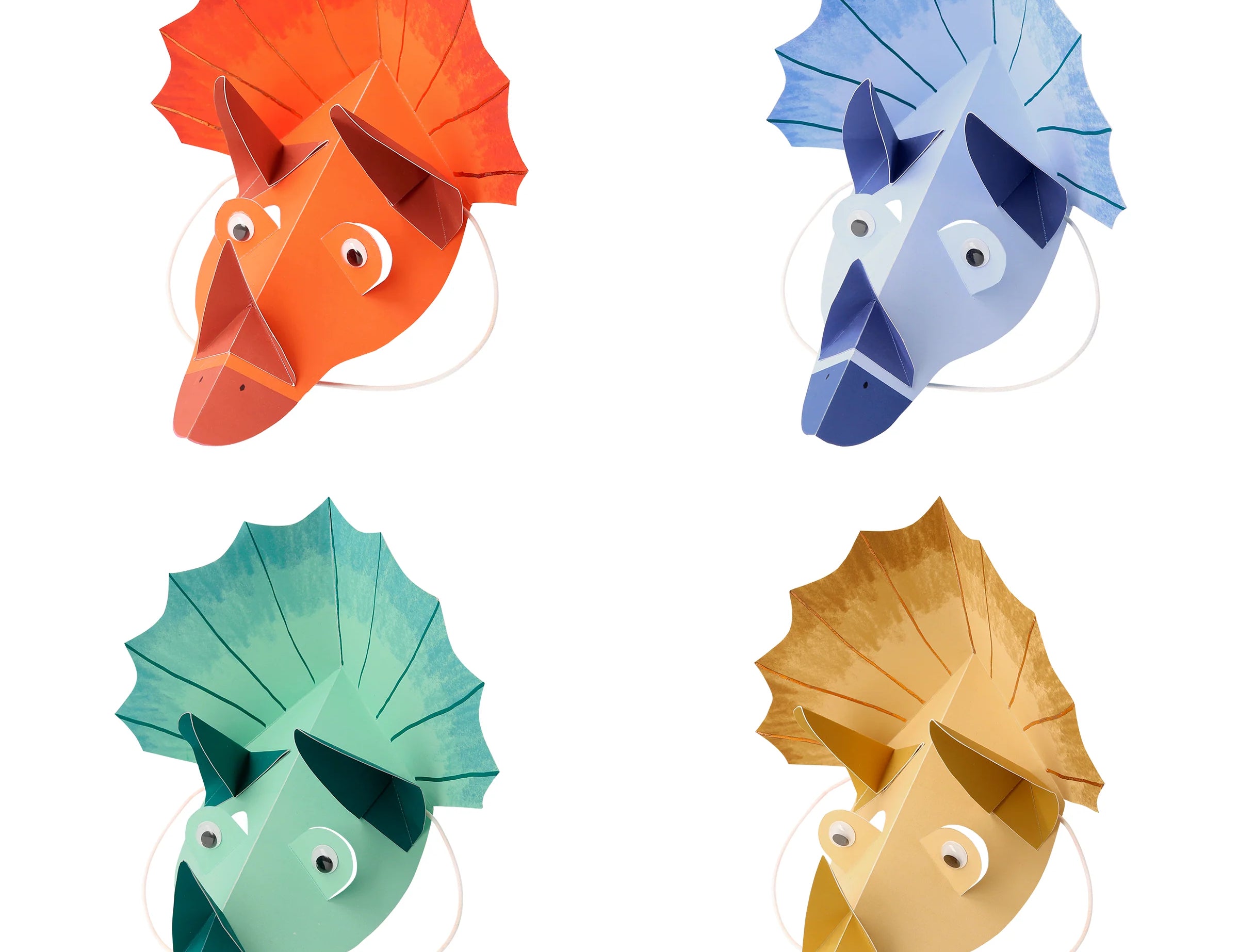 Meri Meri Dinosaur Kingdom Party Hats, four triceratops-shaped paper hats in red, blue, green and gold
