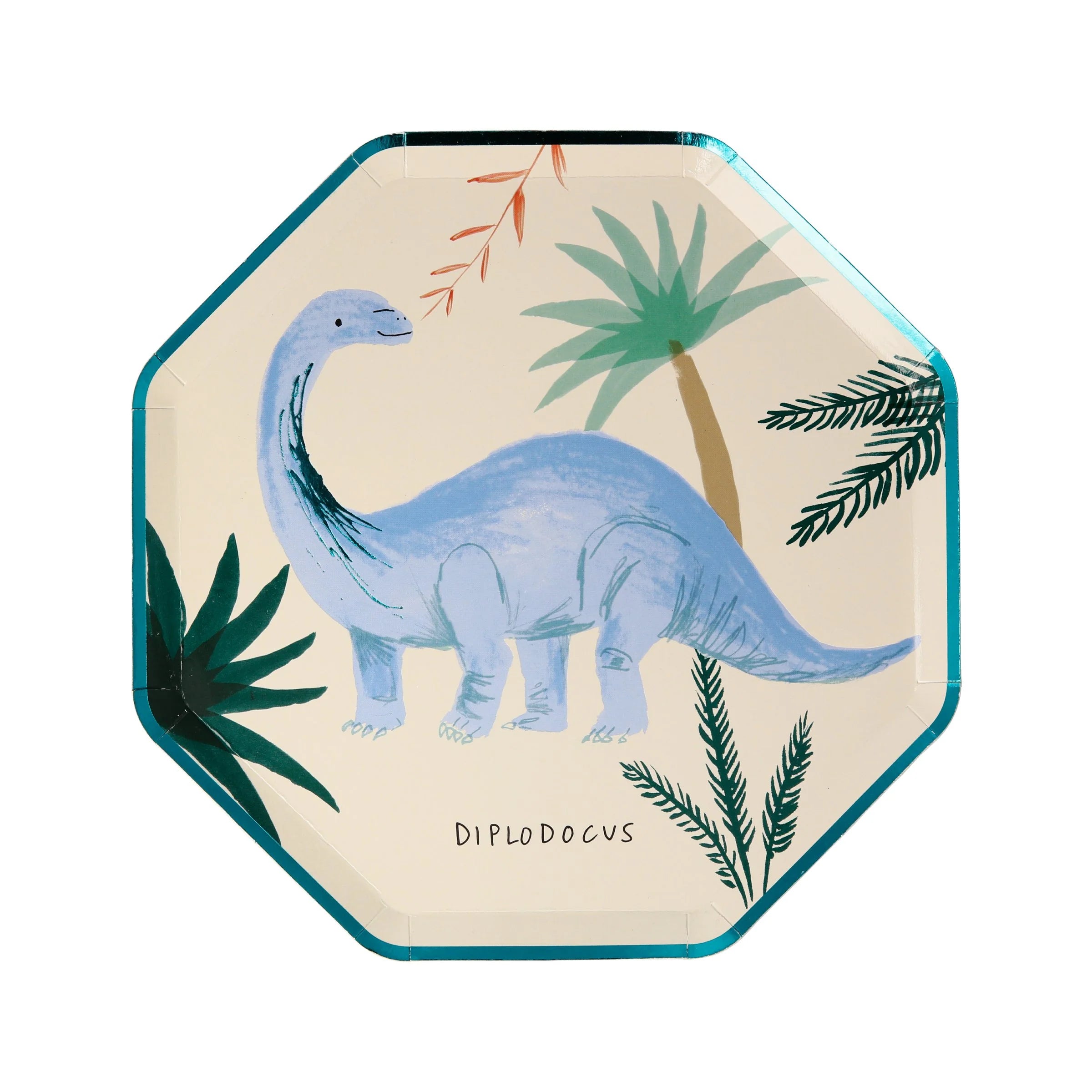 Meri Meri Dinosaur Kingdom Side Plate with a light blue diplodocus