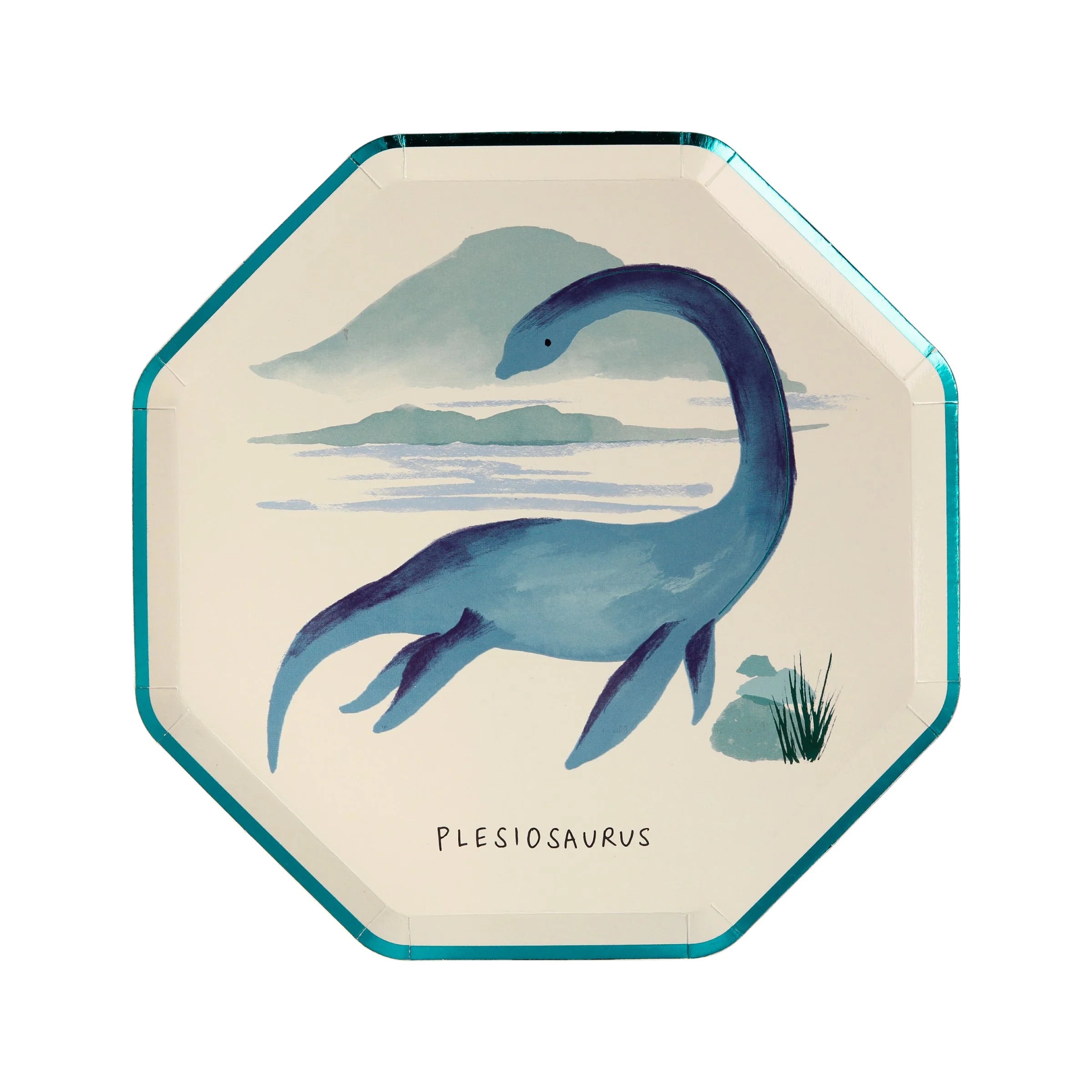 Meri Meri Dinosaur Kingdom Side Plate with a blue plesiosaurus