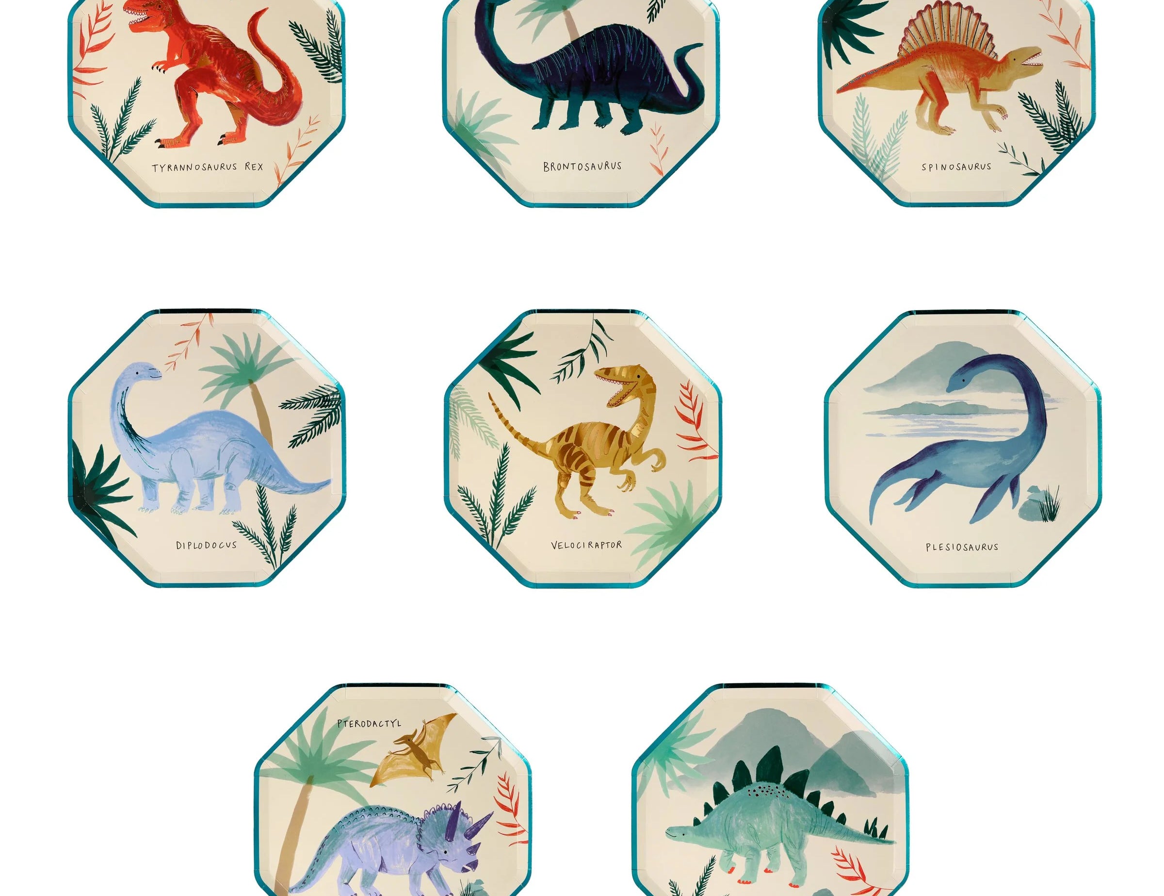 Meri Meri Dinosaur Kingdom Side Plates, a set of eight octagonal plates each with a different dinosaur