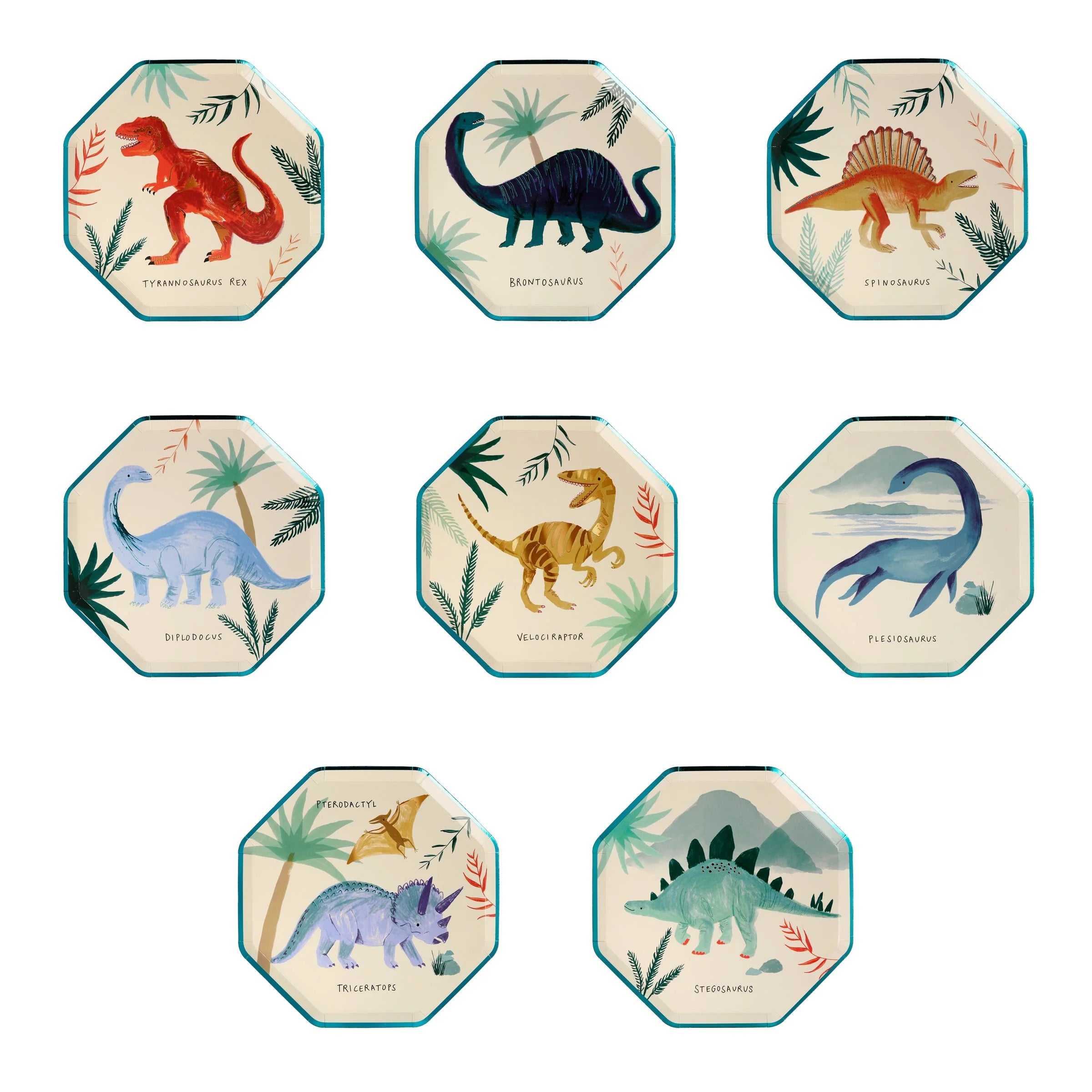 Meri Meri Dinosaur Kingdom Side Plates, a set of eight octagonal plates each with a different dinosaur