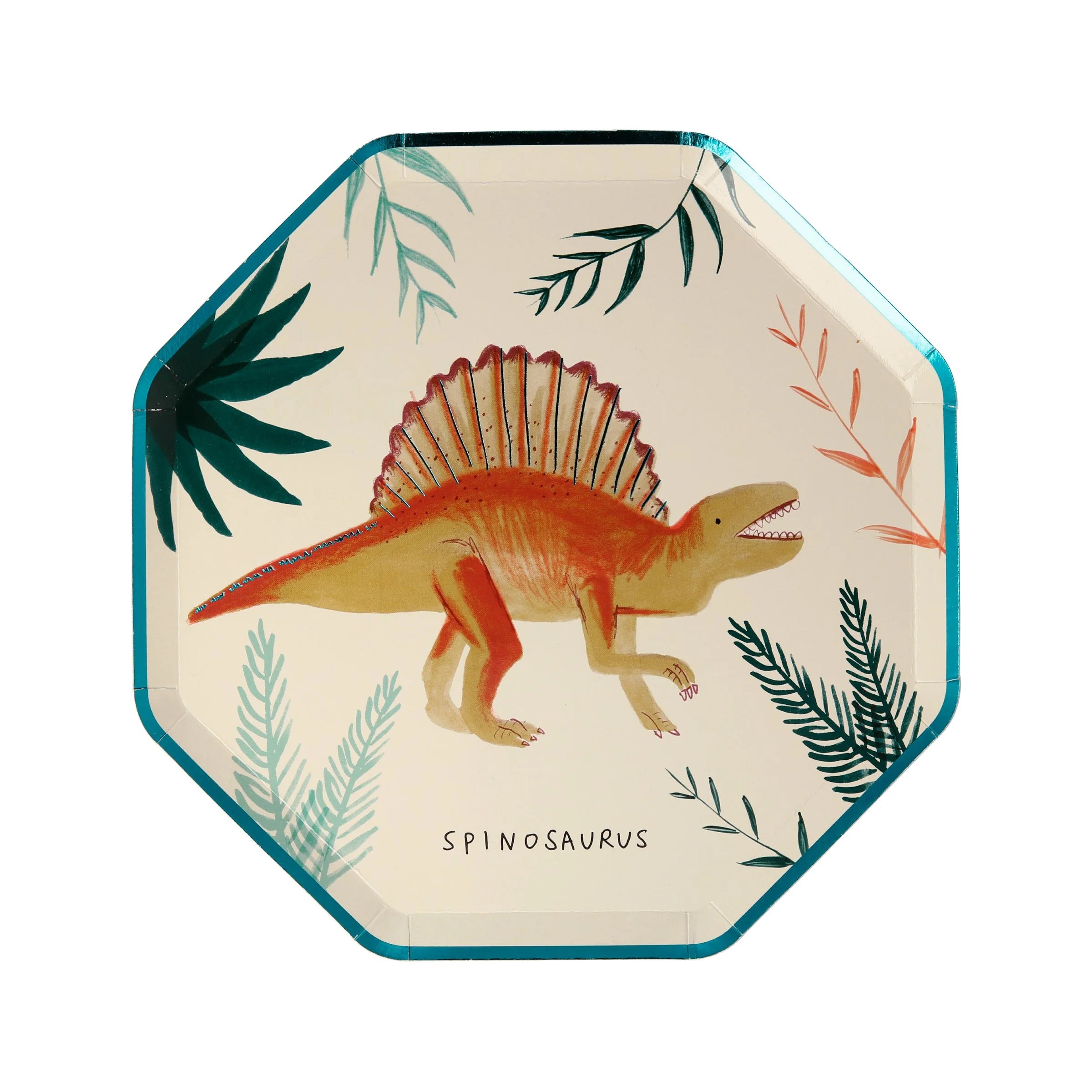 Meri Meri Dinosaur Kingdom Side Plate with an orange spinosaurus