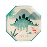 Meri Meri Dinosaur Kingdom Side Plate with a teal stegosaurus
