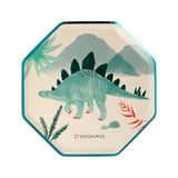 Meri Meri Dinosaur Kingdom Side Plate with a teal stegosaurus
