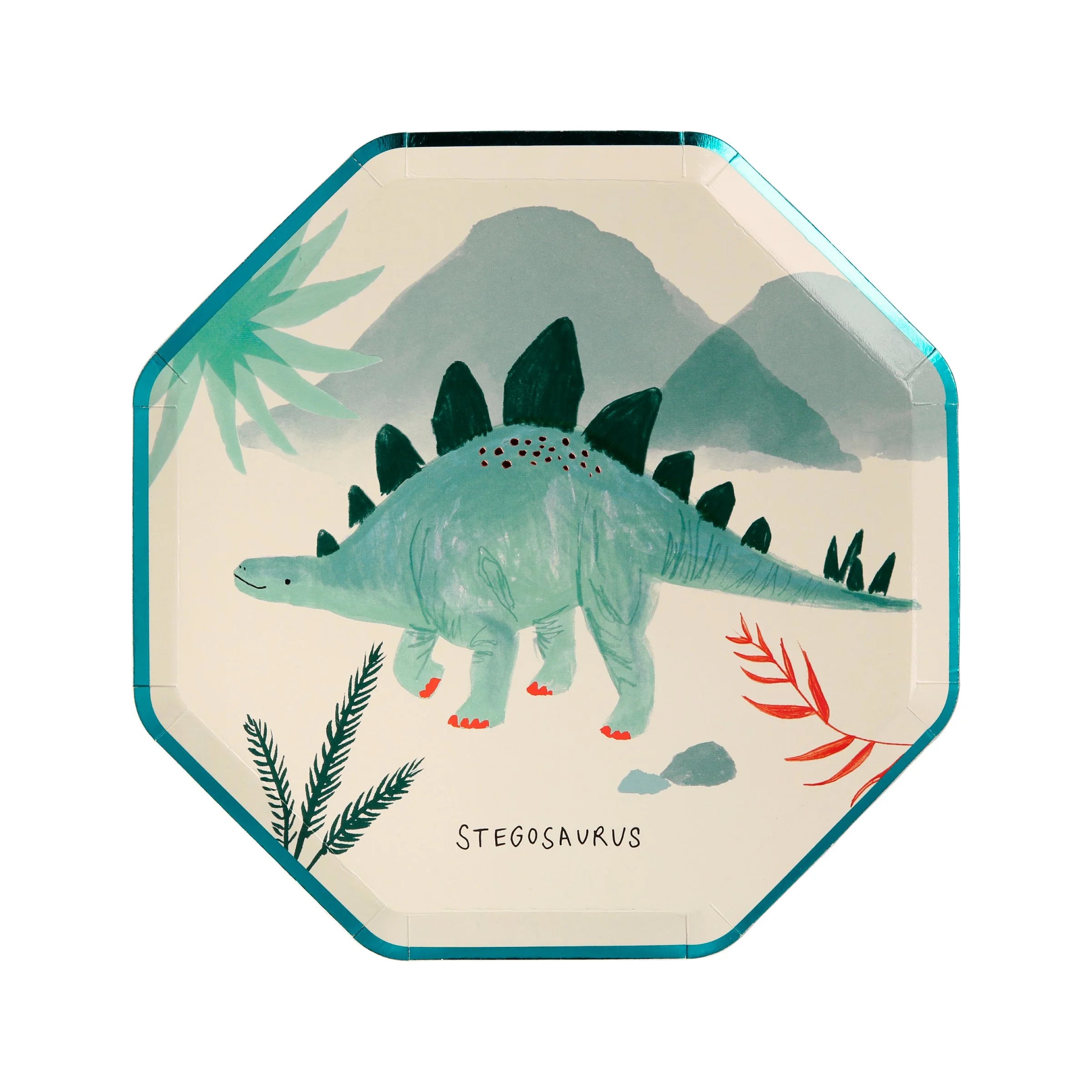Meri Meri Dinosaur Kingdom Side Plate with a teal stegosaurus