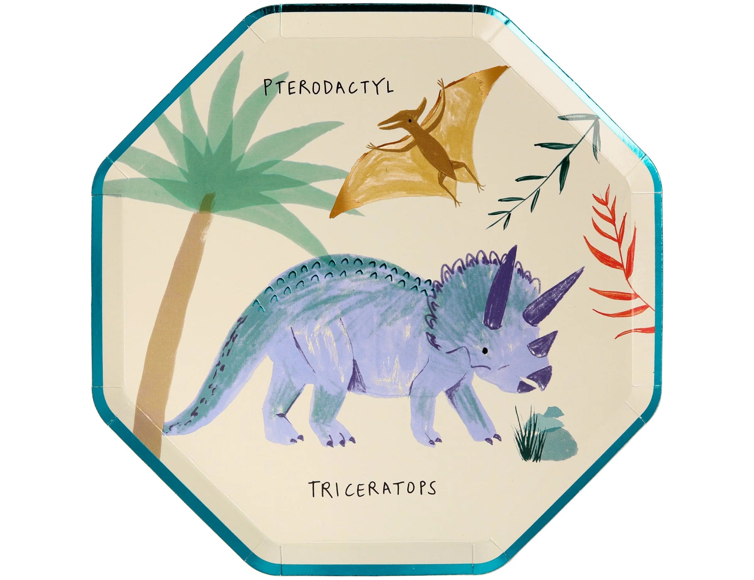 Meri Meri Dinosaur Kingdom Side Plate with a purple triceratops and a pterodactyl