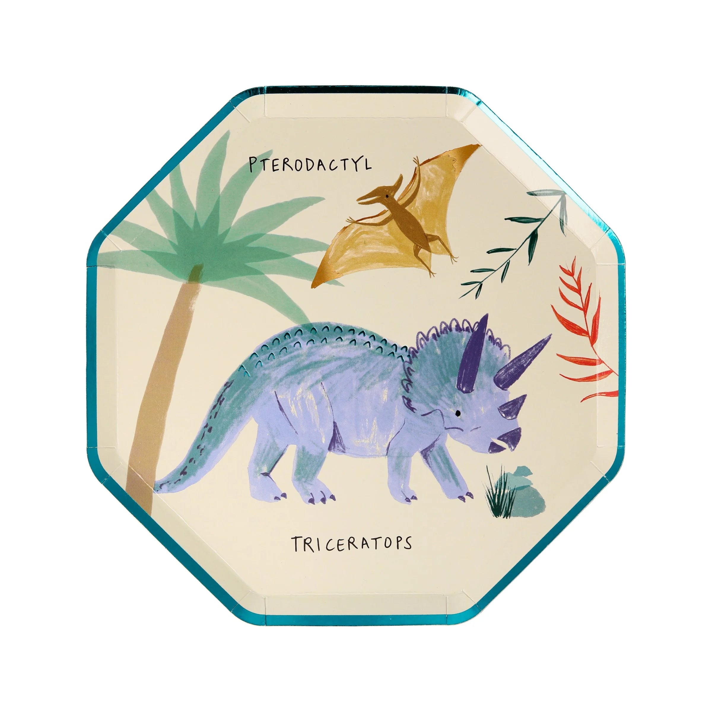 Meri Meri Dinosaur Kingdom Side Plate with a purple triceratops and a pterodactyl
