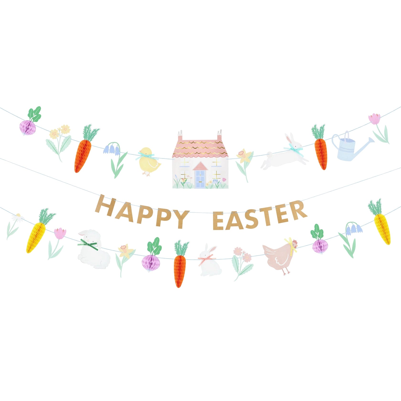 Meri Meri Easter Vegetable Garden Garland Set laid out flat showing both garland strands