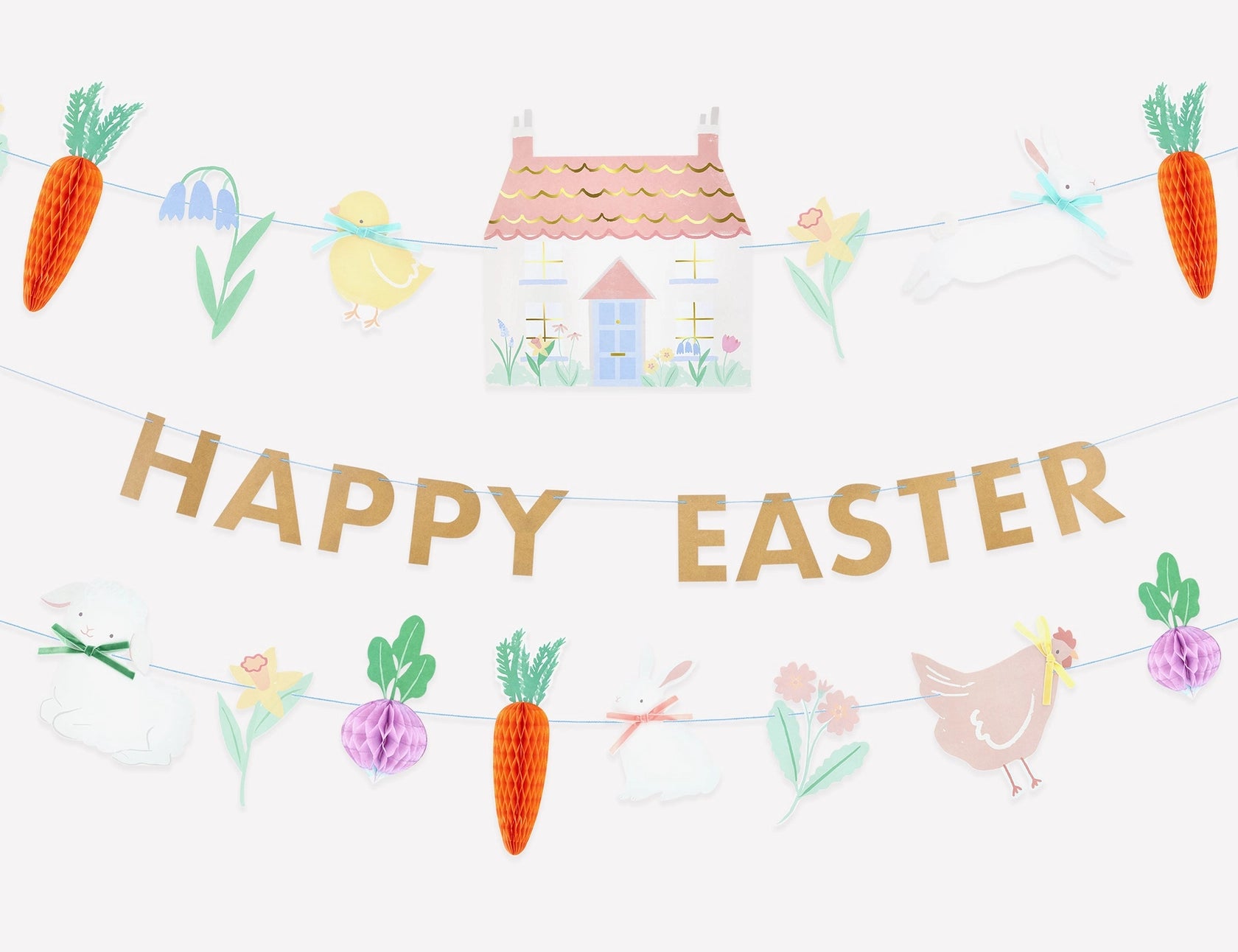 Meri Meri Easter Vegetable Garden Garland Set with a Happy Easter banner, cottage, carrots, chicks and flowers