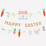 Meri Meri Easter Vegetable Garden Garland Set with a Happy Easter banner, cottage, carrots, chicks and flowers