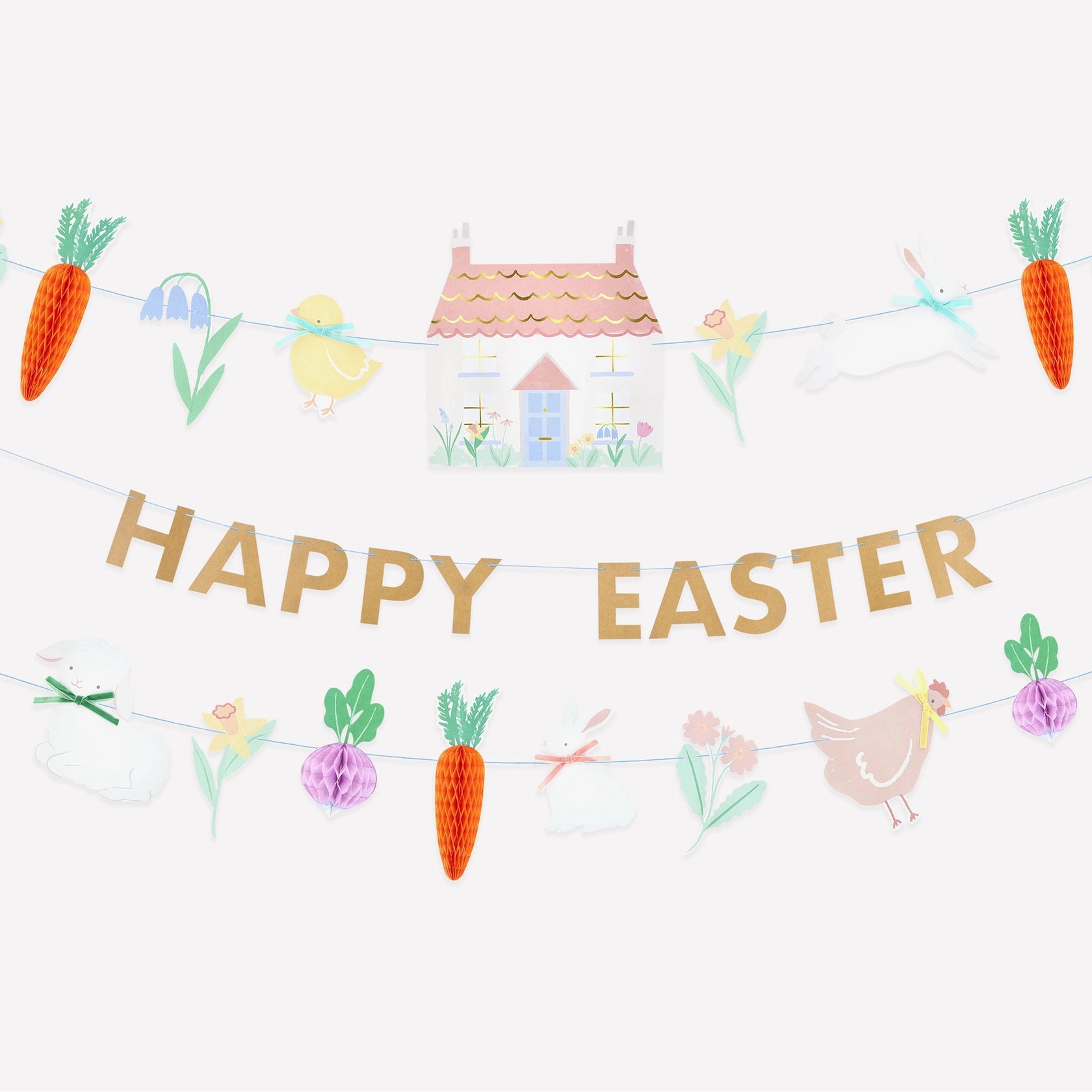 Meri Meri Easter Vegetable Garden Garland Set with a Happy Easter banner, cottage, carrots, chicks and flowers